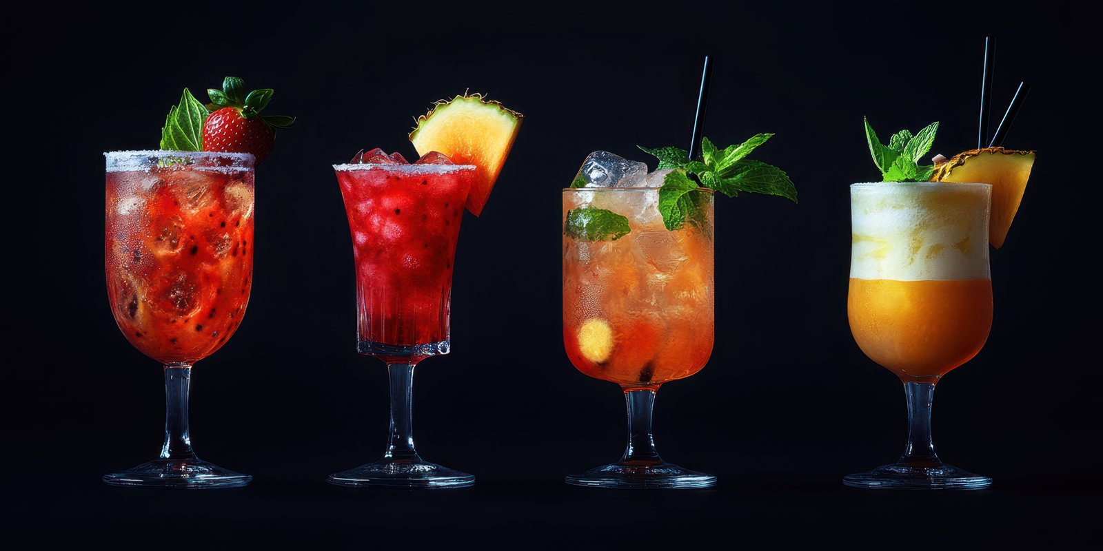 Colorful assortment of cocktails displayed elegantly against a dark background showcasing vibrant garnishes and refreshing ingredients